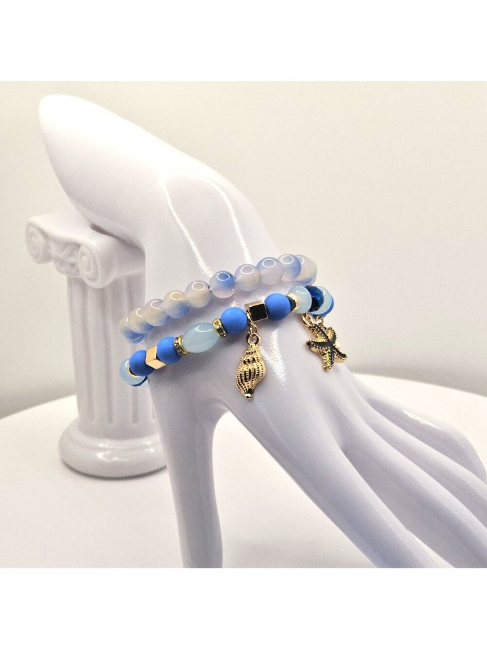 Ocean-Themed Beaded Stretch Bracelets With Gold Tone Charms Blue And Opalescent